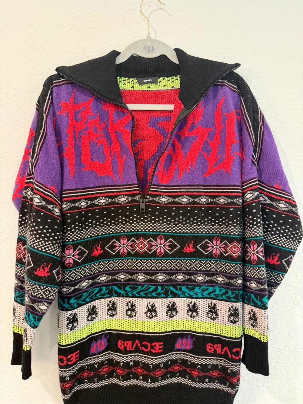 DIESEL K-Chill Fair Isle Punk Print Half-Zip Oversized Sweater SS 2020 size xs